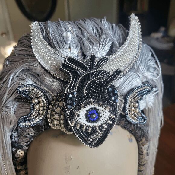 Moon Goddess Dark Heart Festival Headpiece Silver and Black by Brebitz Haloween - Picture 11 of 12